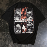 Black 4 Horsemen T-Shirt from Any Means Necessary Clothing, showing the back design with four horsemen graphic.