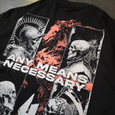 Black "4 Horsemen" T-shirt from Any Means Necessary Clothing, front close-up showing bold graphic design and classic fit.