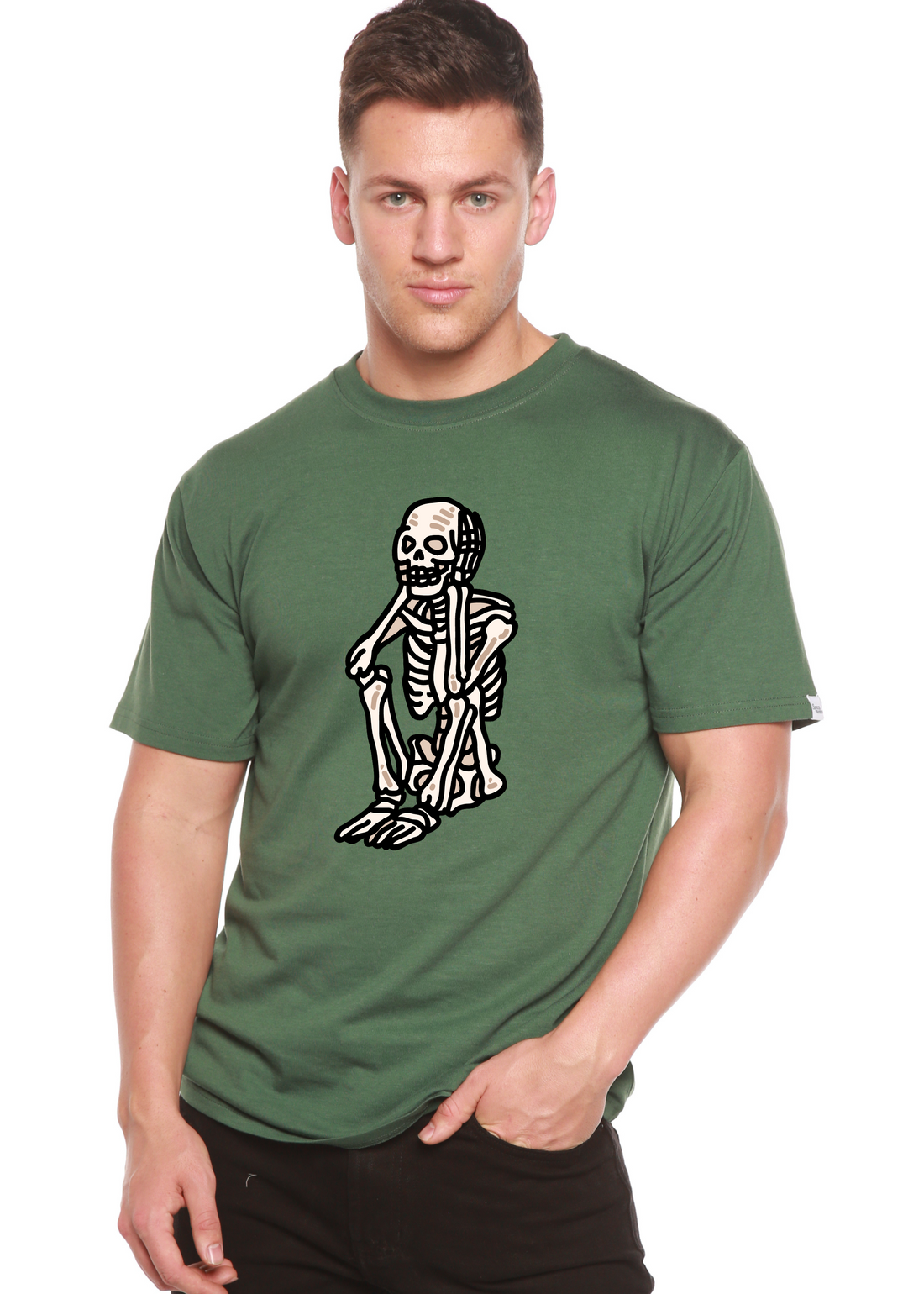 Mens printed T-shirt featuring a sad skeleton graphic, made from bamboo viscose and organic cotton, by Spun Bamboo.
