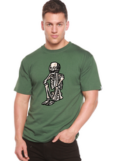 Mens printed T-shirt featuring a sad skeleton graphic, made from bamboo viscose and organic cotton, by Spun Bamboo.