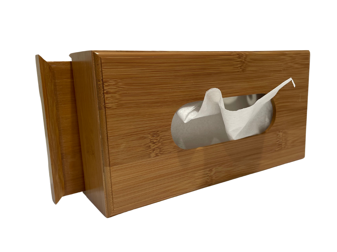 Spun Bamboo tissue box with a sleek, natural bamboo design and opening for tissue dispensation.