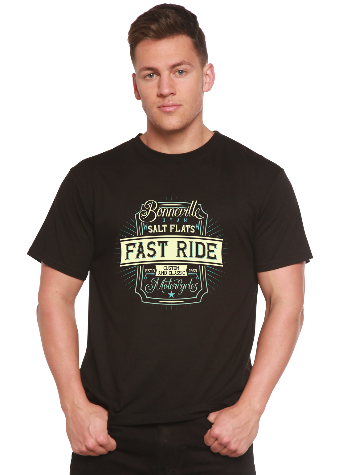 Mens printed graphic T-shirt by Spun Bamboo, made from bamboo viscose and organic cotton, featuring a modern design and short sleeves.