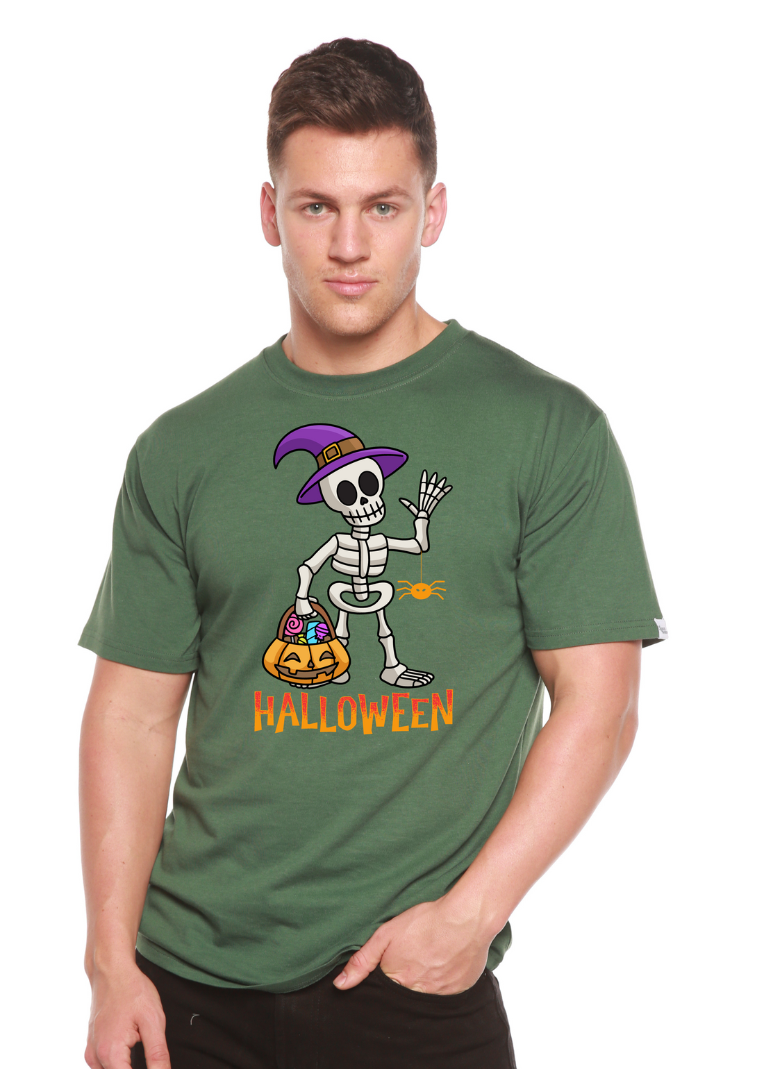 Unisex Happy Halloween graphic T-shirt by Spun Bamboo, short sleeve, bamboo viscose and organic cotton, featuring Halloween-themed print.
