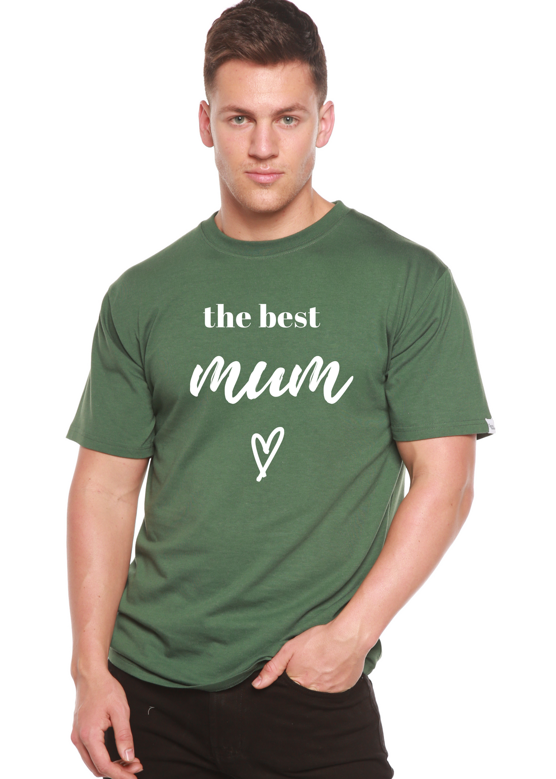 Mens printed T-shirt by Spun Bamboo featuring "The Best Mum" graphic in unisex bamboo viscose and organic cotton short sleeve design.