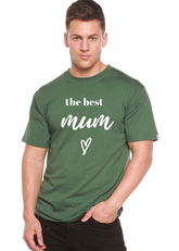 Mens printed T-shirt by Spun Bamboo featuring "The Best Mum" graphic in unisex bamboo viscose and organic cotton short sleeve design.