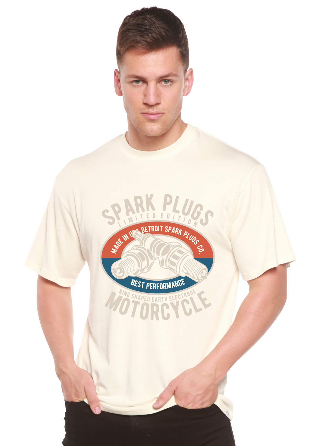 Mens printed graphic T-shirt by Spun Bamboo featuring bamboo viscose and organic cotton fabric with a colorful design.
