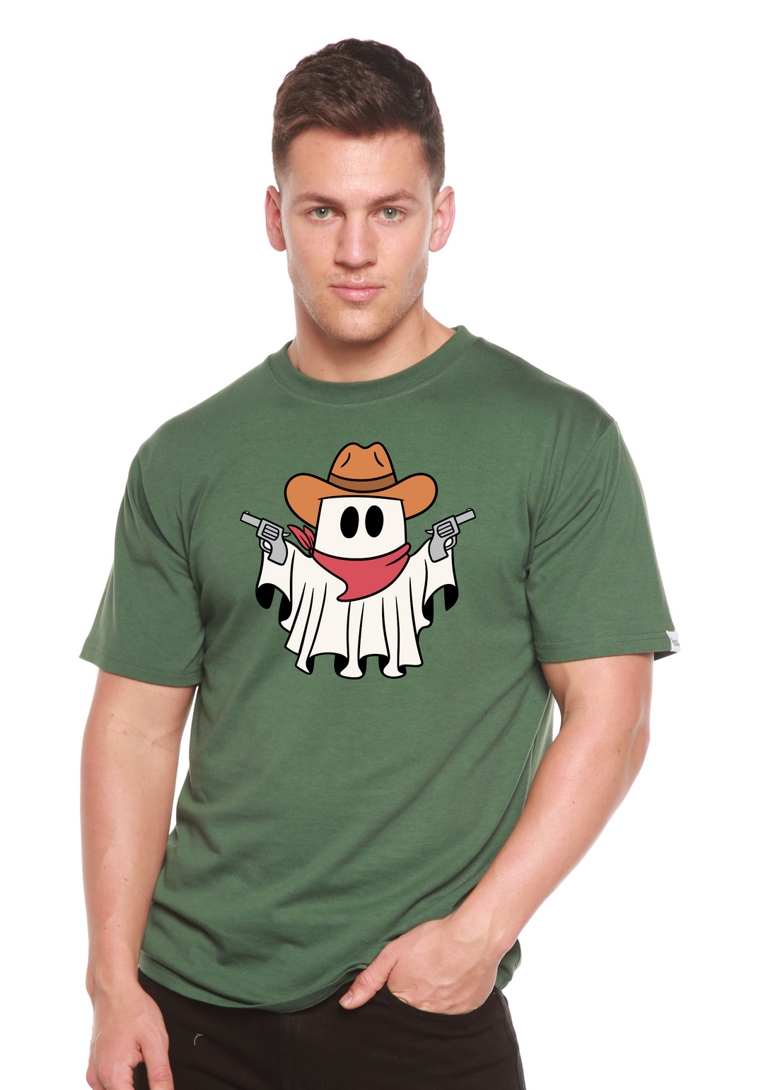 Unisex Cowboy Ghost graphic T-shirt by Spun Bamboo in bamboo viscose and organic cotton, featuring a printed cowboy ghost design.