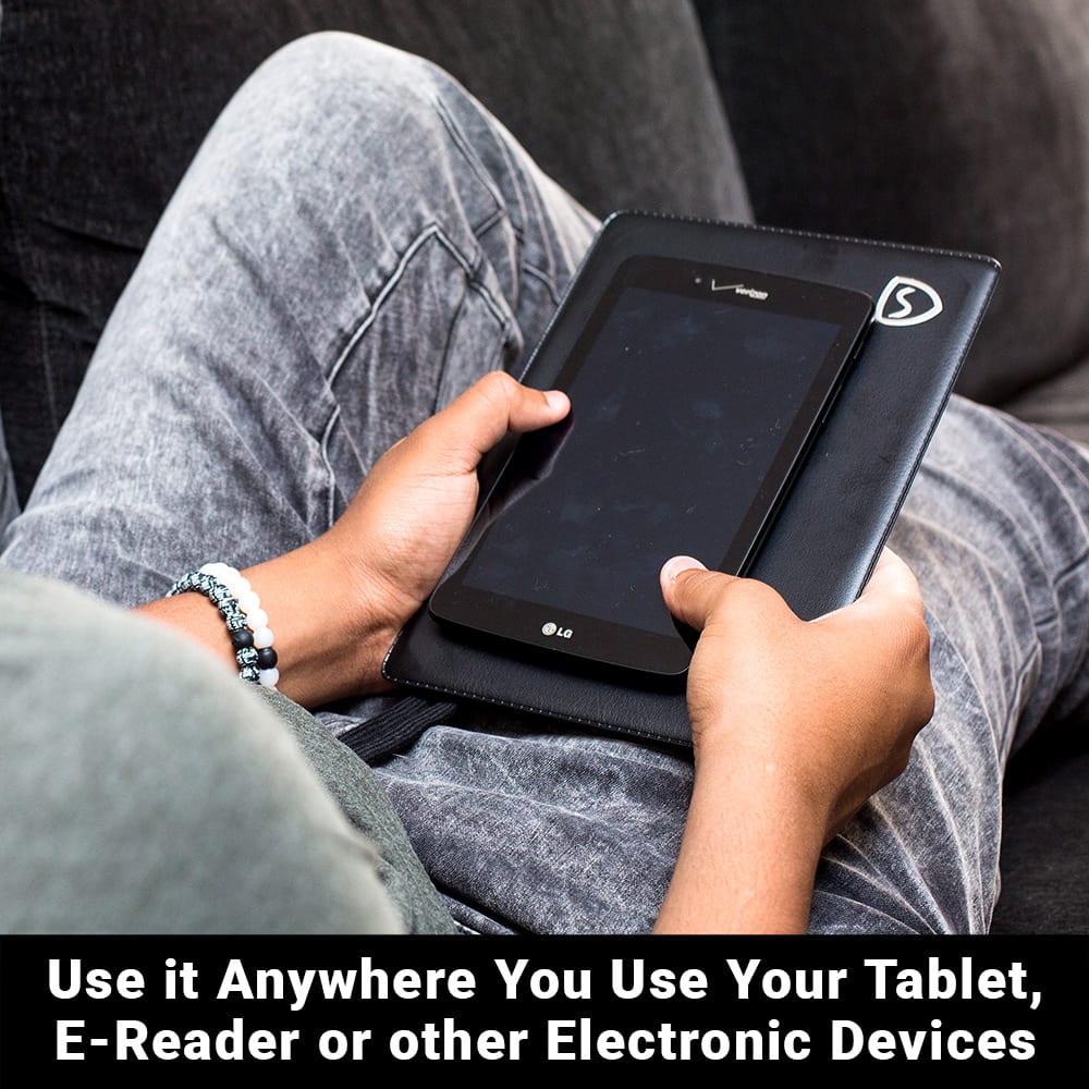 Shield Your Body SYB Tablet Pad used as a portable stand for tablet computers, shown supporting multiple tablets in various settings.