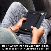 Shield Your Body SYB Tablet Pad used as a portable stand for tablet computers, shown supporting multiple tablets in various settings.