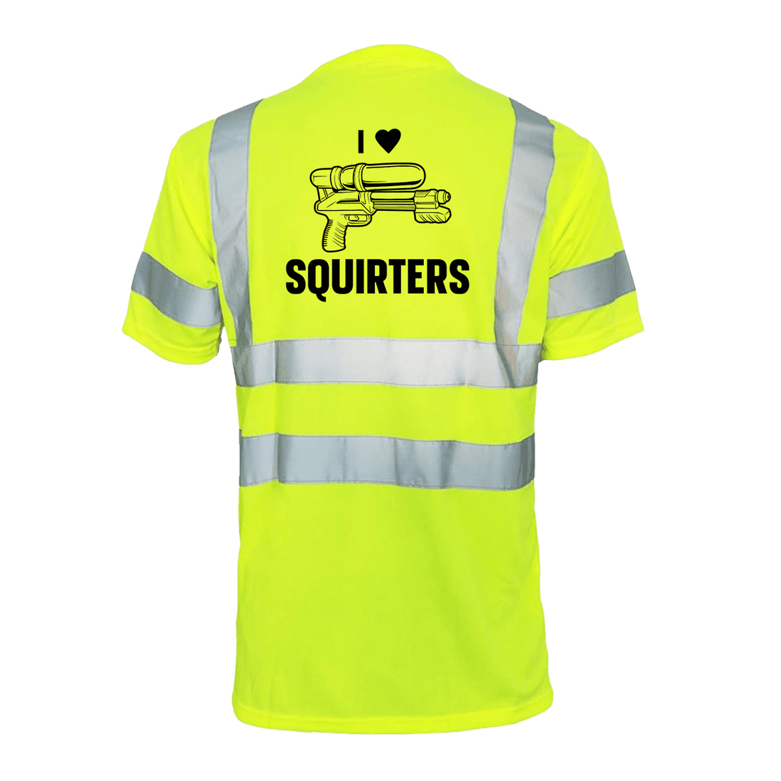 Reflective safety T-shirt from Armed American Supply featuring "I Love Squirters" graphic, designed for visibility and safety.