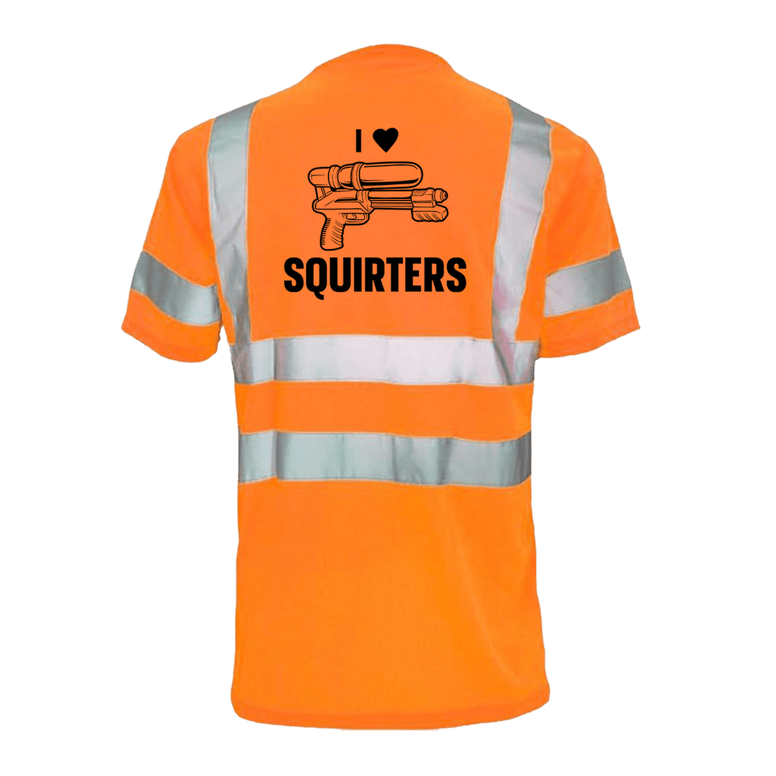 Reflective safety T-shirt from Armed American Supply with "I Love Squirters" slogan, featuring reflective material for visibility.
