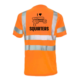 Reflective safety T-shirt from Armed American Supply with "I Love Squirters" slogan, featuring reflective material for visibility.