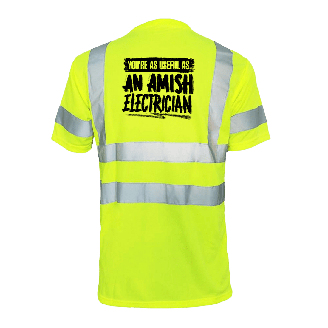 Reflective Amish Electrician safety T-shirt by Armed American Supply with high-visibility reflective stripes for work safety.