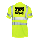 Reflective Amish Electrician safety T-shirt by Armed American Supply with high-visibility reflective stripes for work safety.