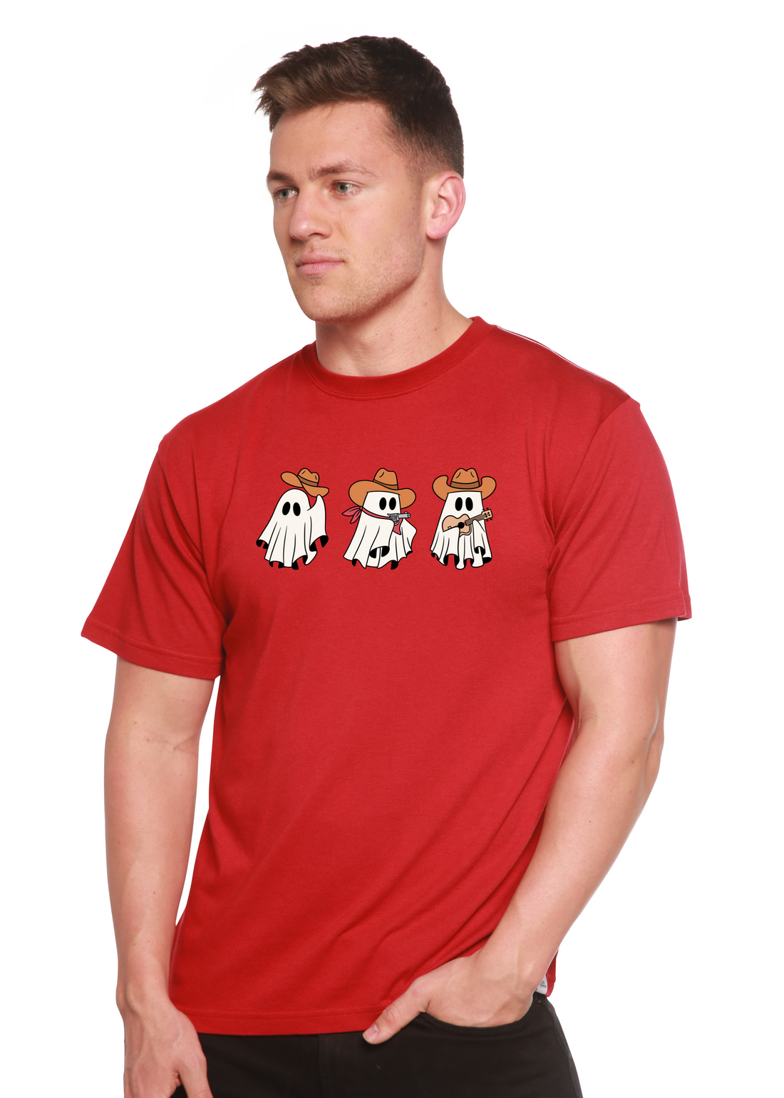 Spun Bamboo cowboy ghosts unisex bamboo viscose organic cotton short sleeve graphic T-shirt with cowboy ghost print.