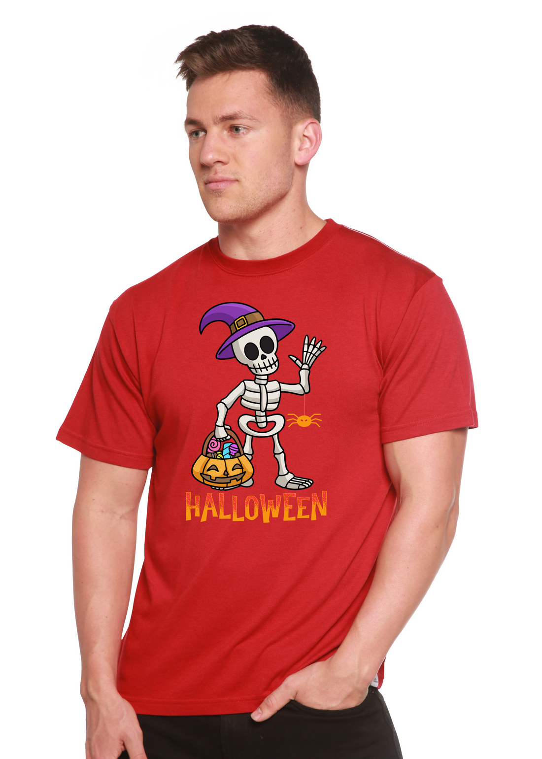 Unisex Halloween graphic T-shirt made of bamboo viscose and organic cotton, featuring festive print by Spun Bamboo.