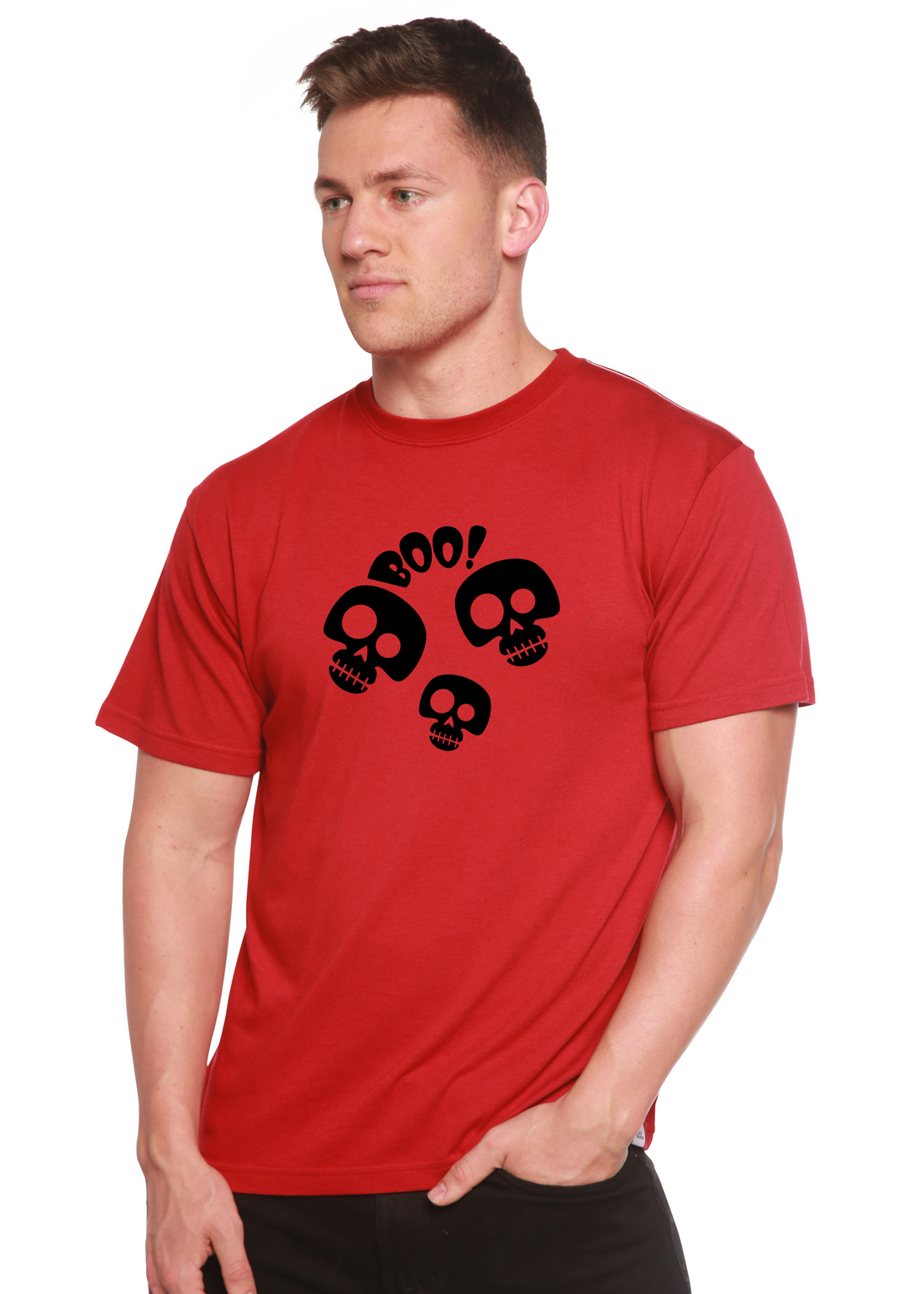 Spun Bamboo Halloween Boo unisex short sleeve graphic T-shirt with spooky design, made from bamboo viscose and organic cotton fabric.