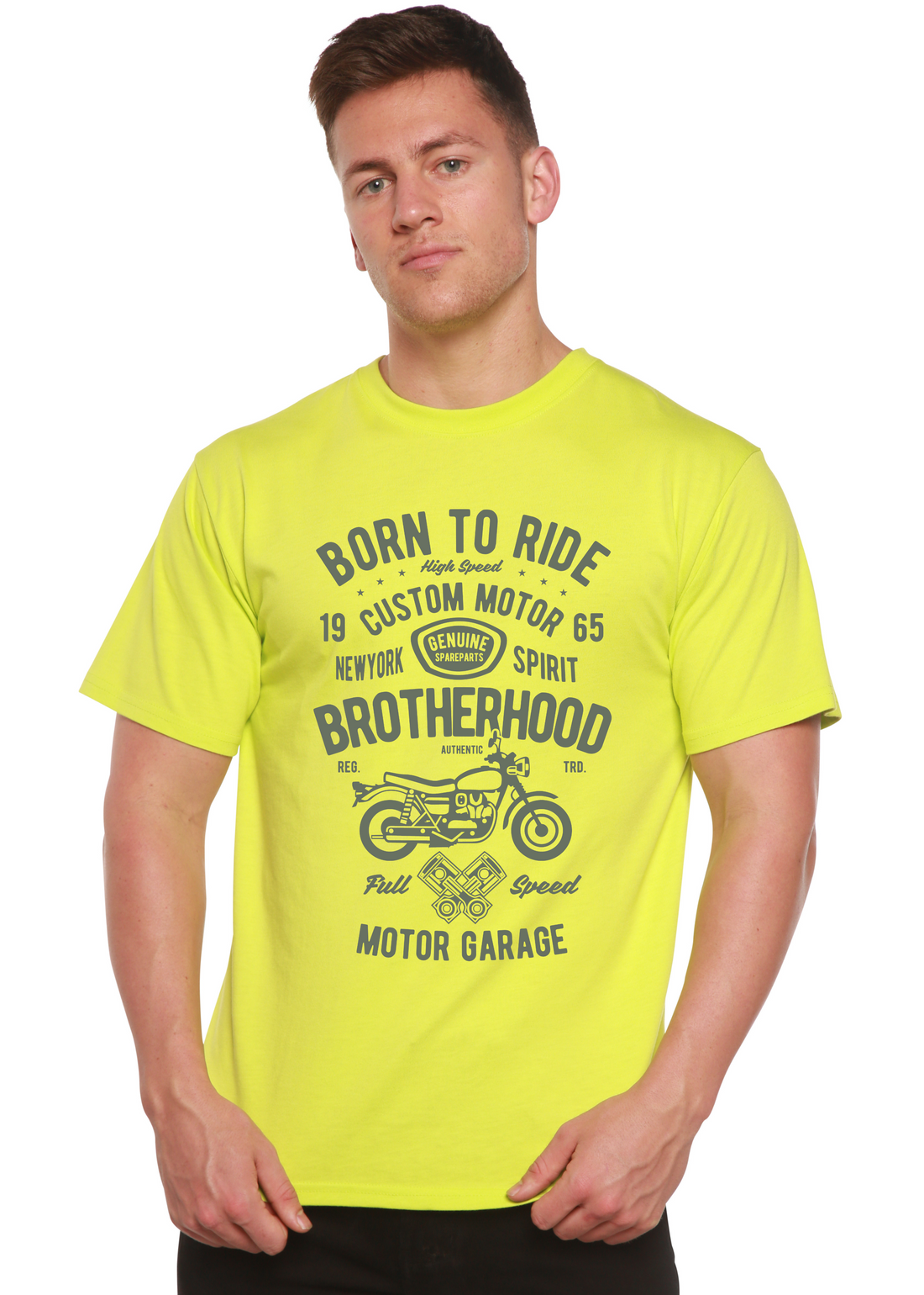 Men’s motorcycle brotherhood graphic T-shirt by Spun Bamboo, short sleeve with bamboo viscose and organic cotton fabric.