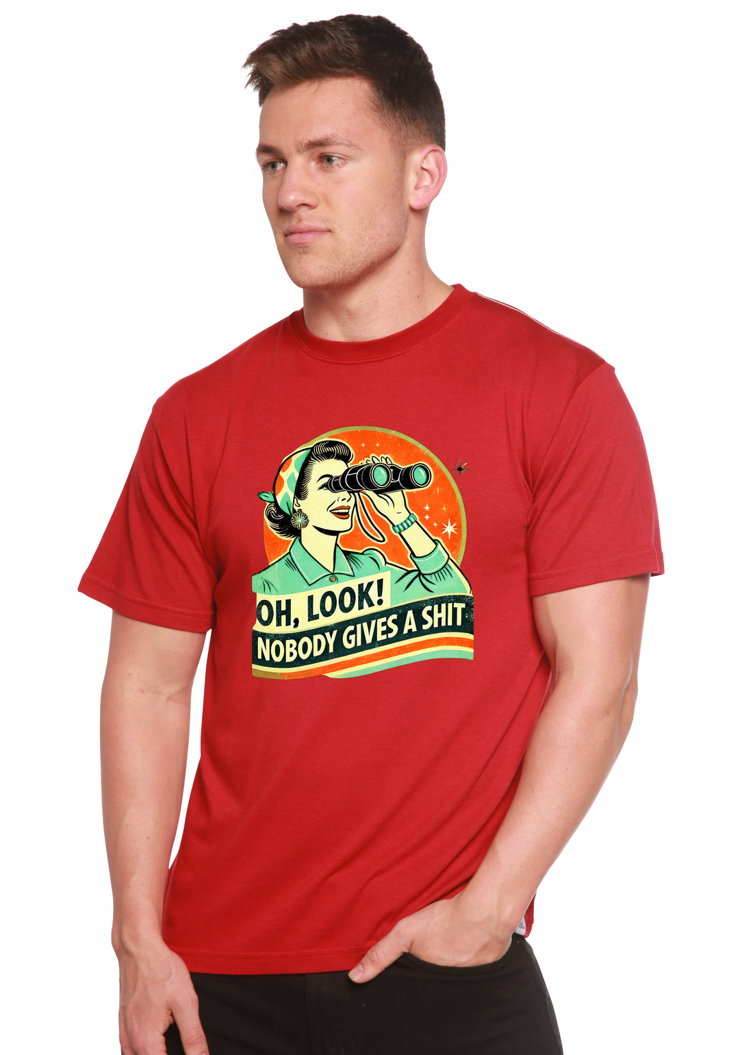 Unisex bamboo and cotton graphic T-shirt featuring a funny retro woman design by Spun Bamboo, casual men&