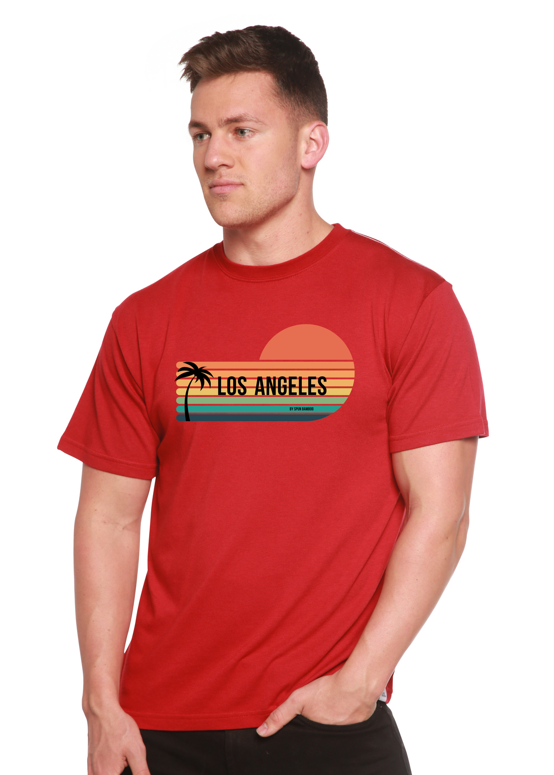 Unisex Los Angeles graphic T-shirt made of bamboo viscose and organic cotton, featuring a printed cityscape design.