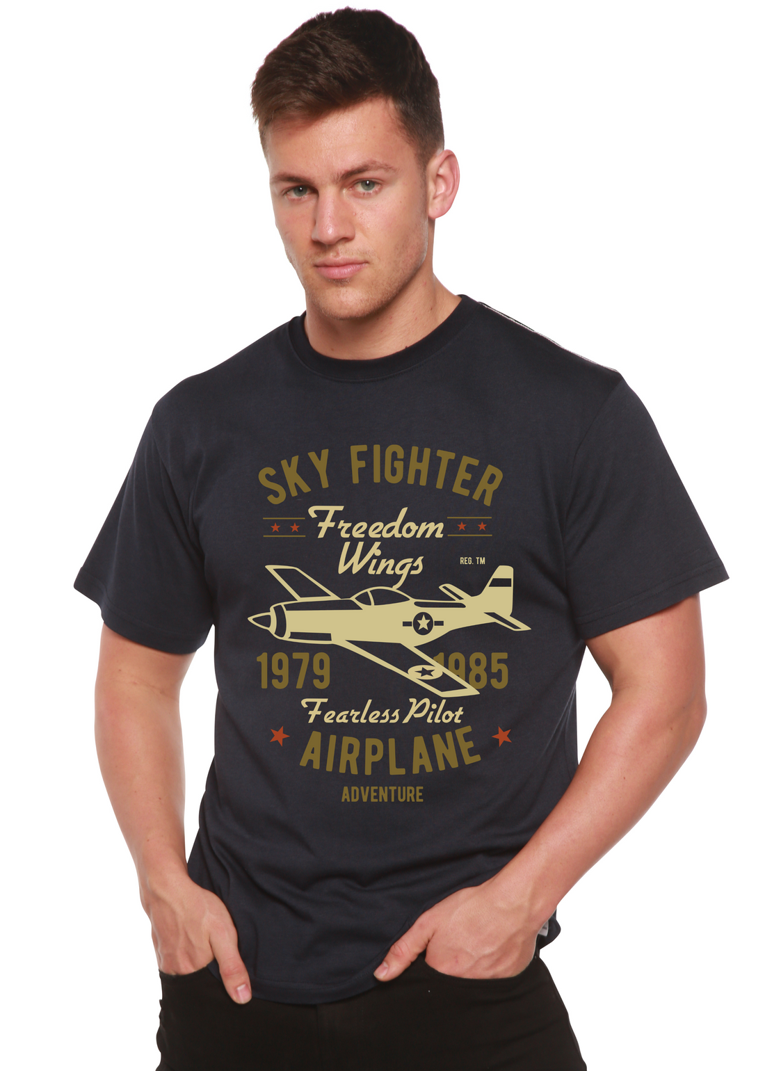 Mens Sky Fighter Spun Bamboo graphic T-shirt featuring a vibrant sky fighter print made from bamboo viscose and organic cotton.
