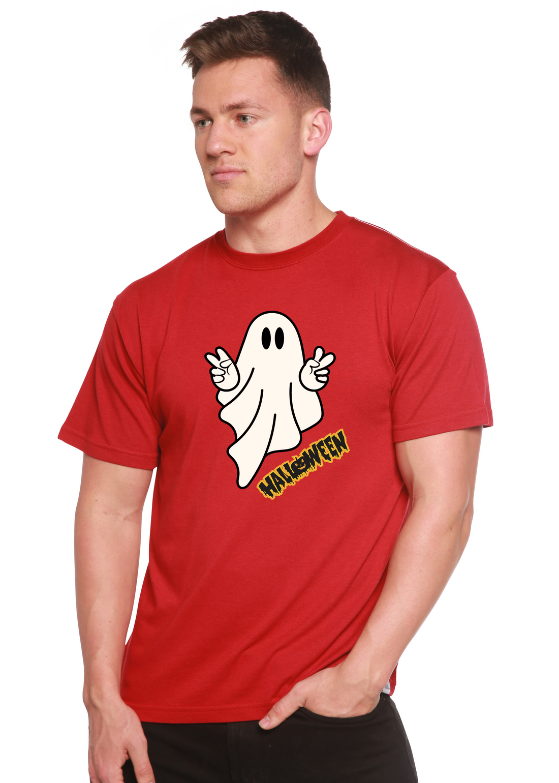 Unisex Halloween Ghost graphic T-shirt by Spun Bamboo, short sleeve with spooky ghost print on bamboo viscose and organic cotton fabric.