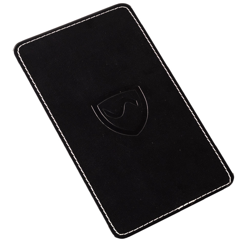 Shield Your Body SYB Phone Shield EMF and 5G blocker for iPhones and Android mobile phones, shown in a sleek black design.
