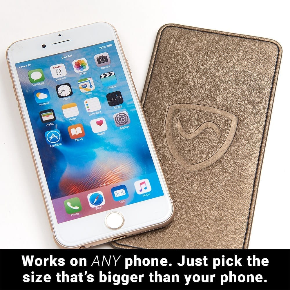 Shield Your Body SYB Phone Shield mobile phone accessory protecting iPhone and Android from EMF and 5G signals.