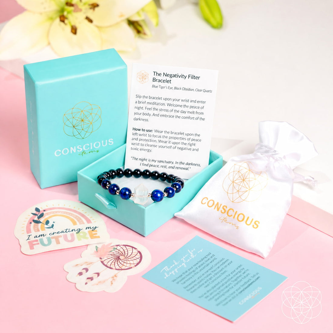 Conscious Items Negativity Filter Bracelet featuring a sleek design with black beads and a silver accent, worn on the wrist.
