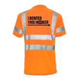 Reflective safety T-shirt by Armed American Supply featuring bold "I Rented This Hooker" text, designed for visibility and safety.