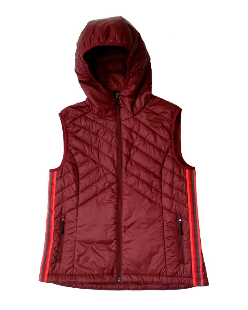 Goal Five Powerstripe Eco-Friendly Down Hooded Vest in lifestyle setting, showcasing its lightweight design and hooded style.