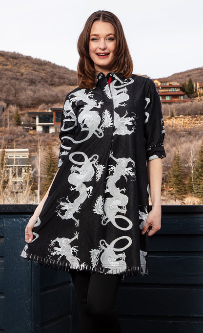 Chatham Dress Black Denim Dragons