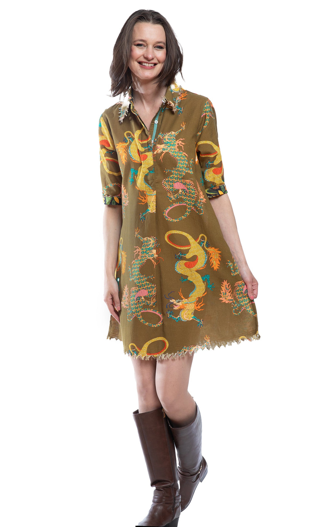 Chatham Dress Olive Dragon Print
