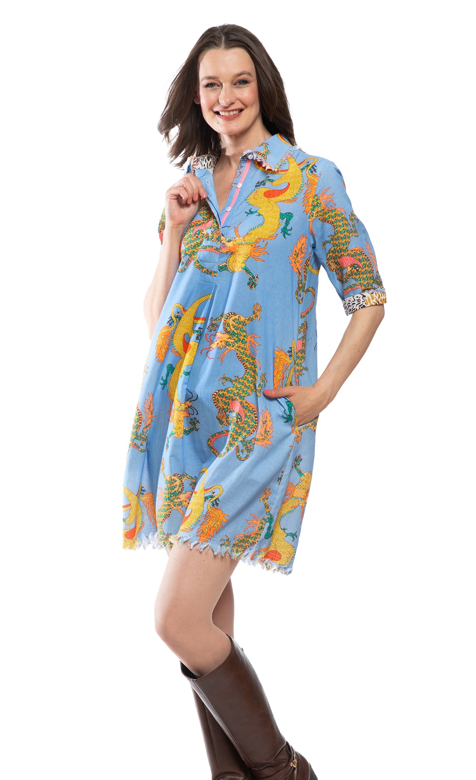 Chatham Dress Blue Dragon Print