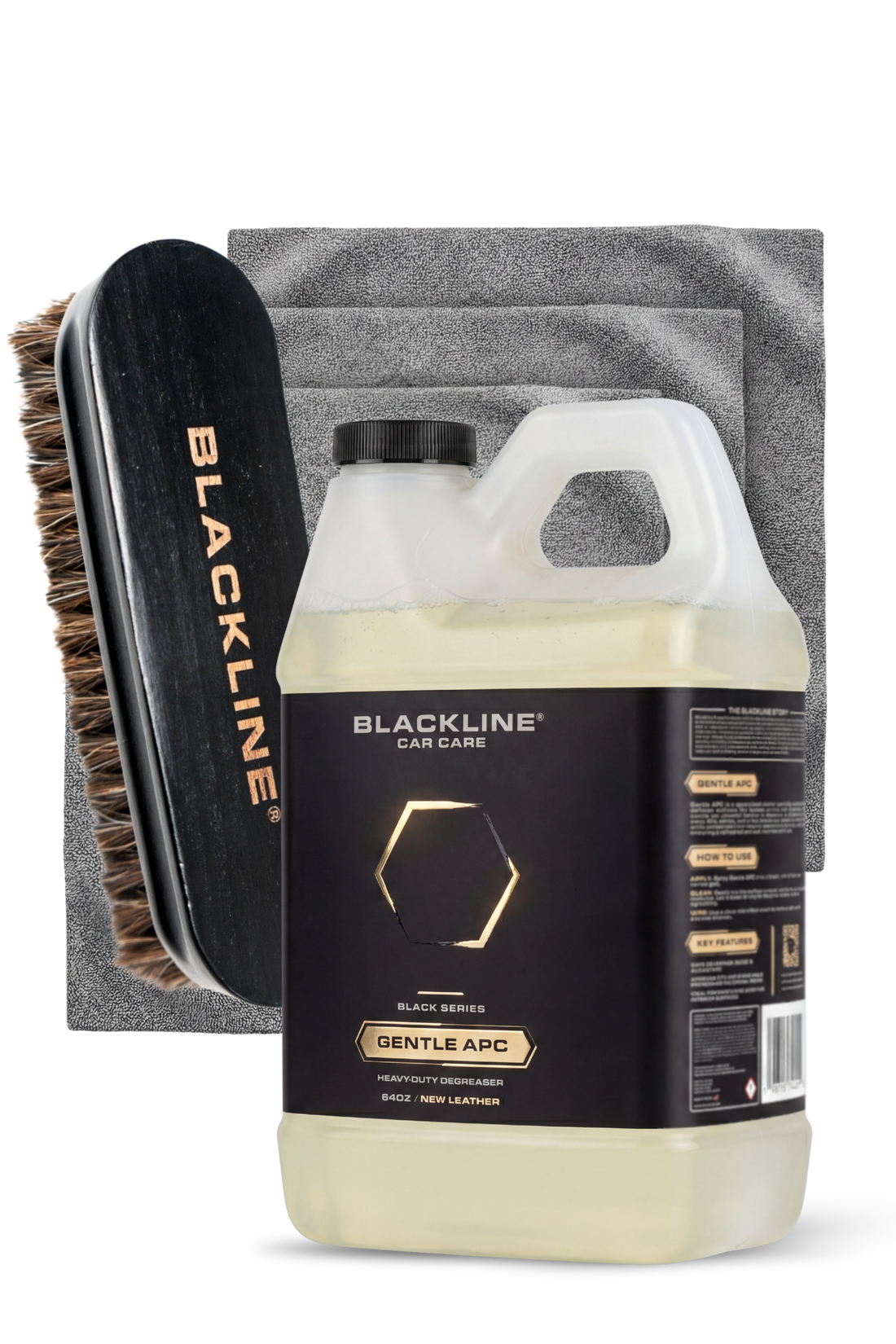 Blackline Car Care BLACKLINE® GENTLE APC all-purpose cleaner in a 64oz bottle, suitable for cleaning various vehicle surfaces.