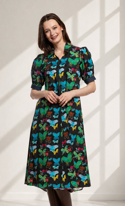 Montauk Dress Black with Butterfly Print