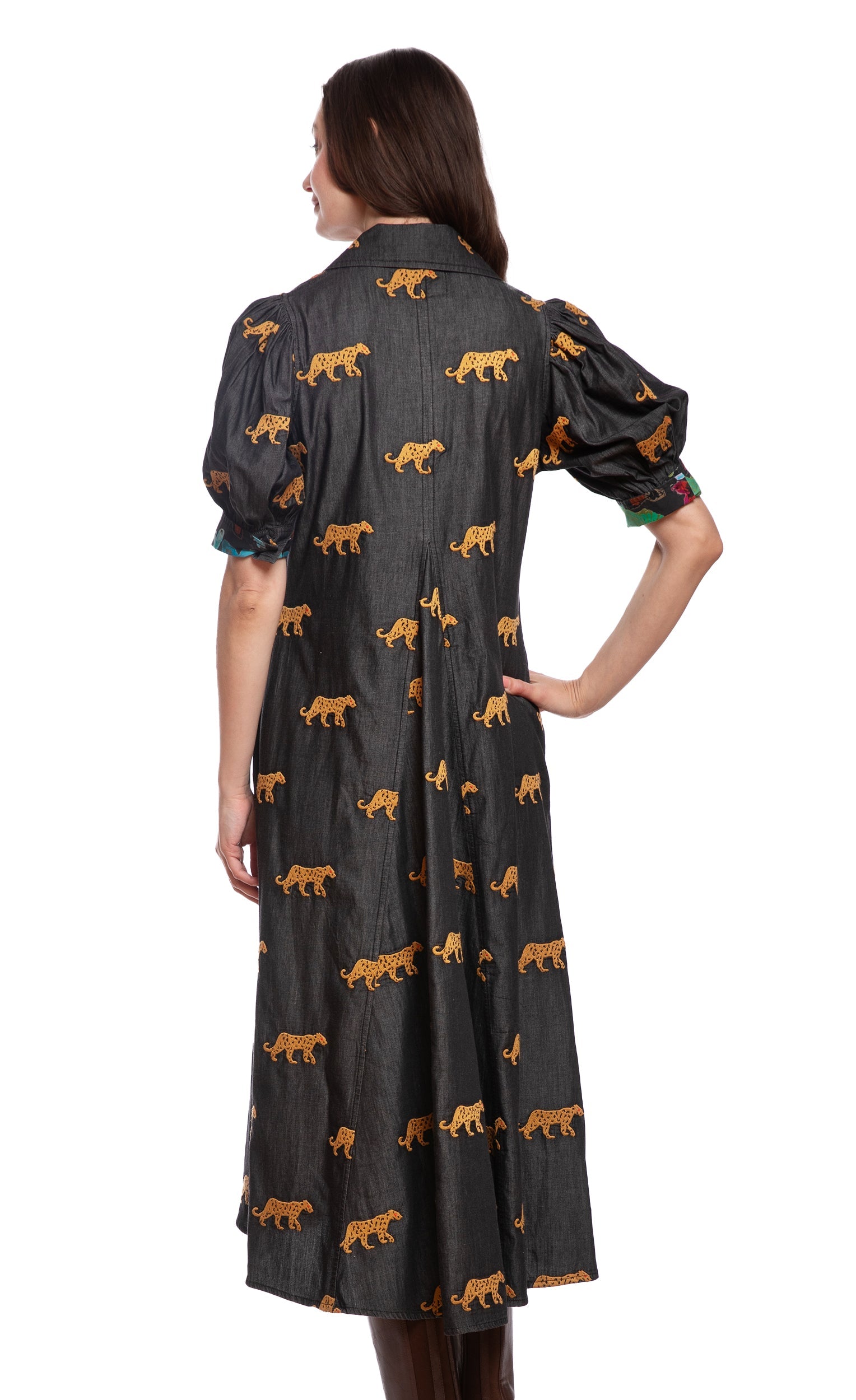 Montauk Dress Black with Embroidered Cheetahs