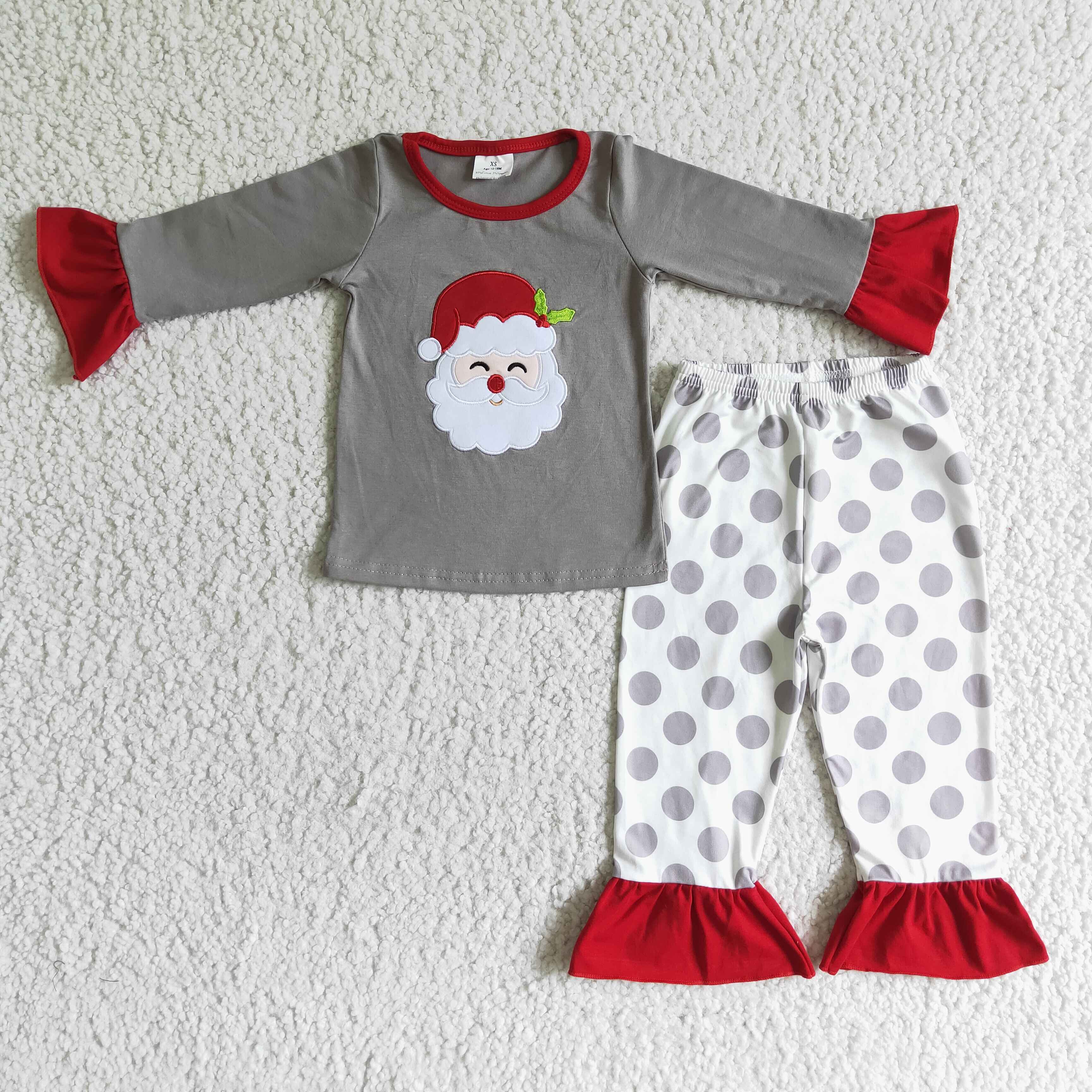Santa applique shirt match pants girls Christmas pjs