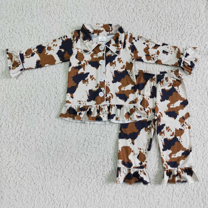 Cow print long sleeve girls pajamas