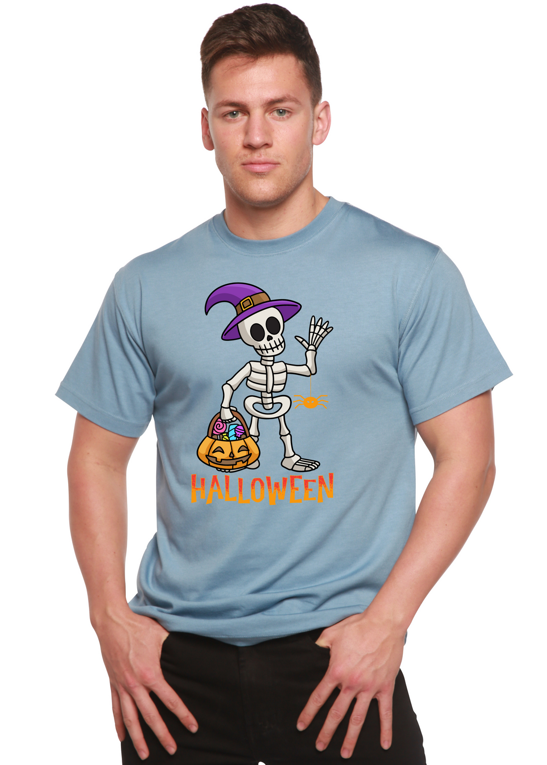 Unisex Halloween graphic T-shirt by Spun Bamboo featuring short sleeves, bamboo viscose and organic cotton fabric, with festive print.
