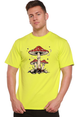 Spun Bamboo mens printed T-shirt with boho retro hippie mushroom graphic in natural bamboo and cotton fabric.
