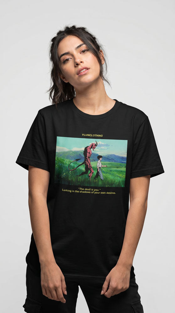 Yūjin Clothing Devil and Boy T-Shirt featuring a graphic print of a devil figure and a boy on a casual black tee.