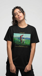 Yūjin Clothing Devil and Boy T-Shirt featuring a graphic print of a devil figure and a boy on a casual black tee.
