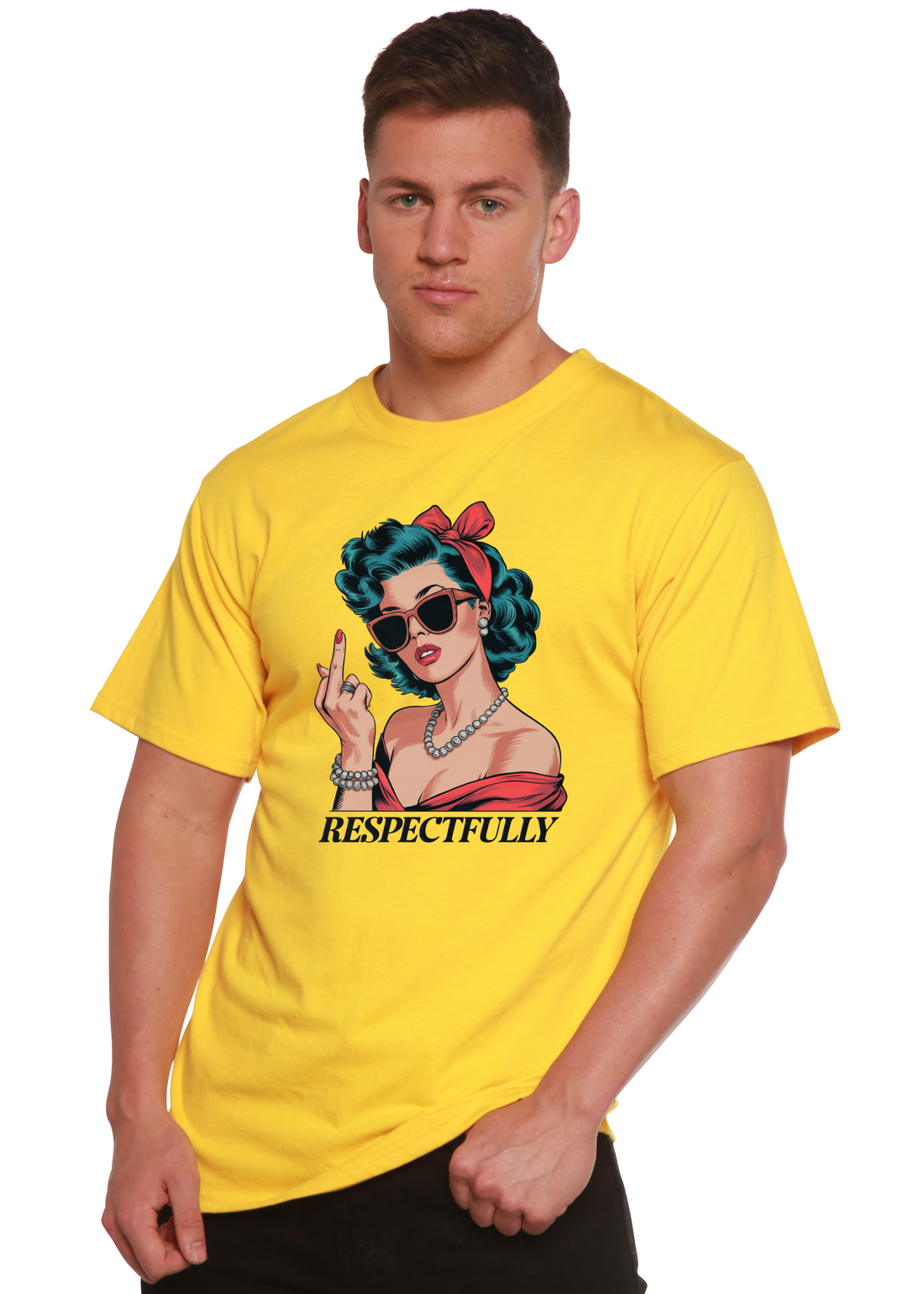 Unisex bamboo cotton graphic T-shirt by Spun Bamboo featuring a respectful middle finger print design.