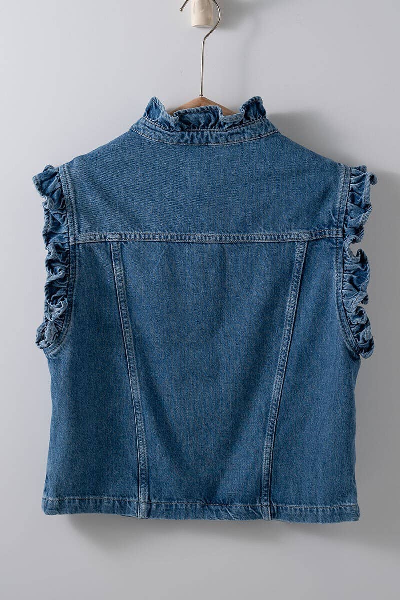 Victorian Muse ruffle-trim denim vest with high collar, stylish layered look, from Fitkitty Culture women&
