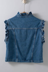 Victorian Muse ruffle-trim denim vest with high collar, stylish layered look, from Fitkitty Culture women&