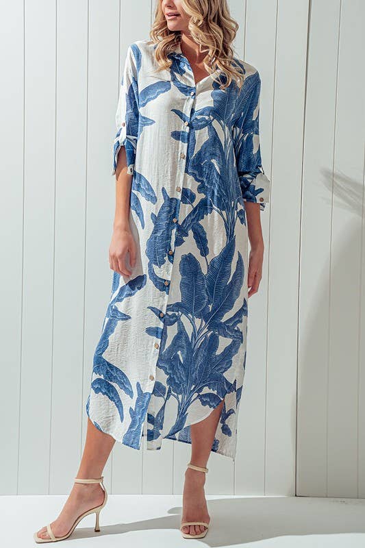 Fitkitty Culture tropical palm leaf button-down midi dress featuring a vibrant print, perfect for resort and spring wear.