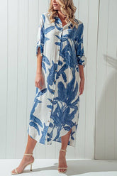 Fitkitty Culture tropical palm leaf button-down midi dress featuring a vibrant print, perfect for resort and spring wear.