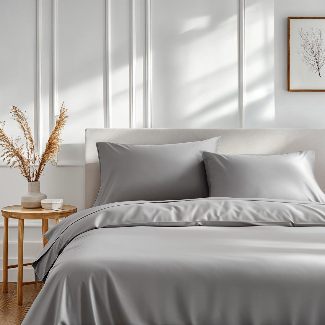 Soft Luxe Australian Sateen Sheet Set by Italic, showing smooth, silky bed sheets in elegant neutral tones.