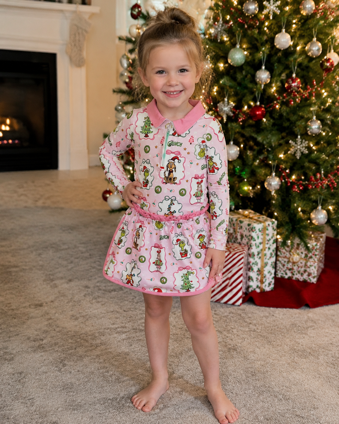 Pink bow green face pullover skirt set for girls, long-sleeve top and skirt, festive Christmas outfit by Mini Rodeo.